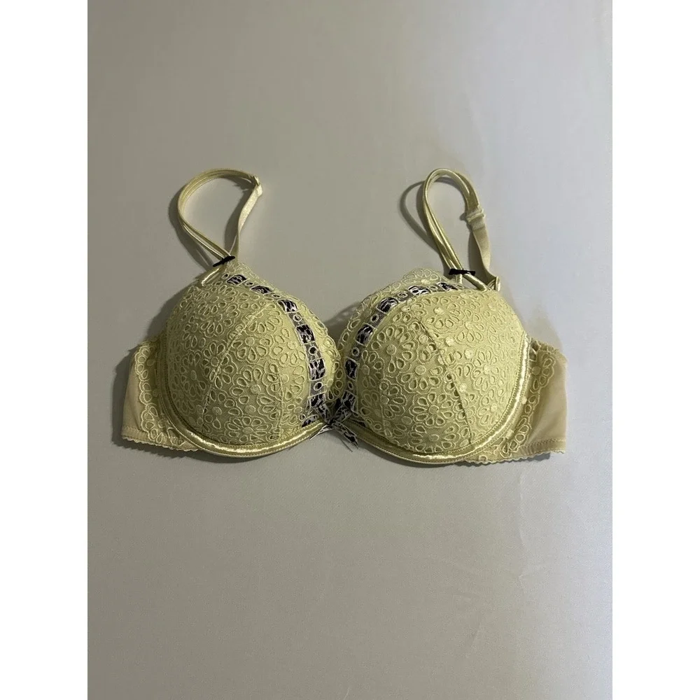 Victoria's Secret Sexy Little Things Bra 36C Yellow Lace Underwire Padded Demi